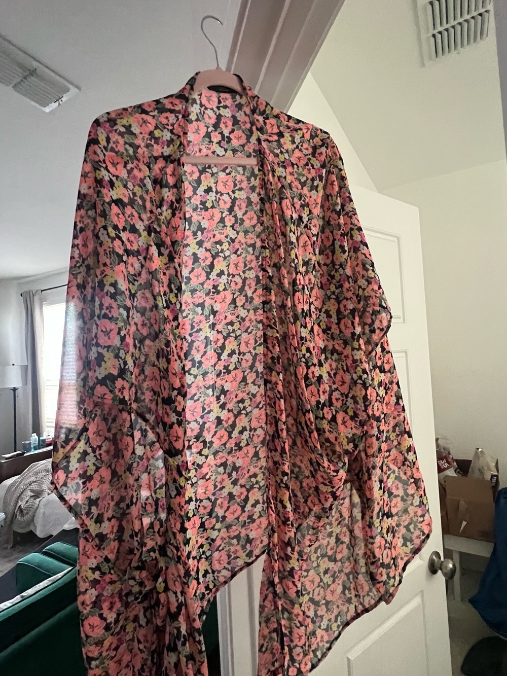 Lane Bryant Black Kimono with Pink & Yellow Floral Print